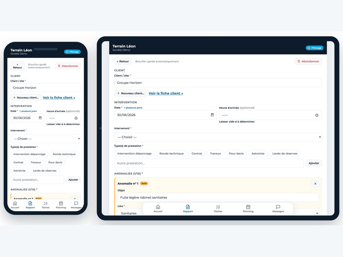 Le rapport se remplit depuis un téléphone ou une tablette, directement sur site